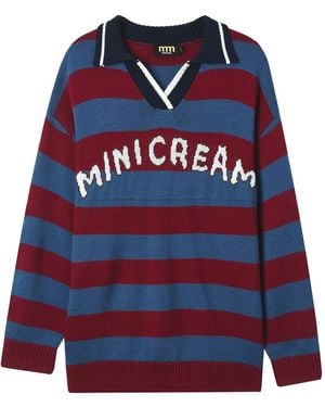Mini Cream Striped Polo-Neck Sweater - Blue