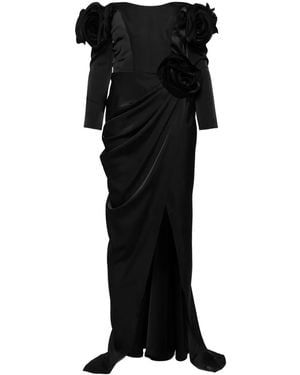 Ana Radu Floral-Appliqué Satin Gown - Black