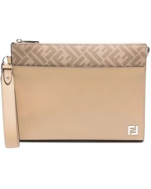 Fendi Leather And Ff Canvas Clutch - Natural