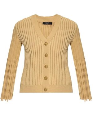 Balmain Fringed-Sleeve Buttoned Cardigan - Natural