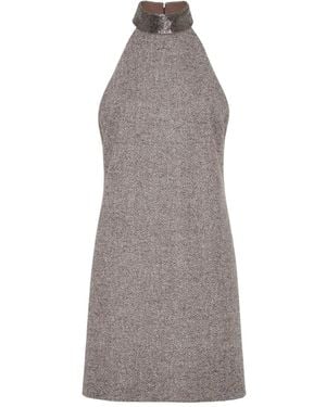 Brunello Cucinelli Halter-Neck Herringbone Tweed Dress - Grey