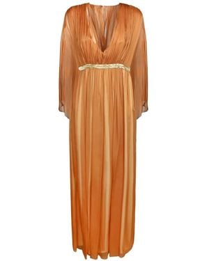 Alberta Ferretti Pleated Cape-Sleeve Maxi Dress - Orange