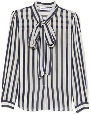 Self-Portrait Rethexed Fit Mini Button-Down Shirt With Bow Neckline - Blue