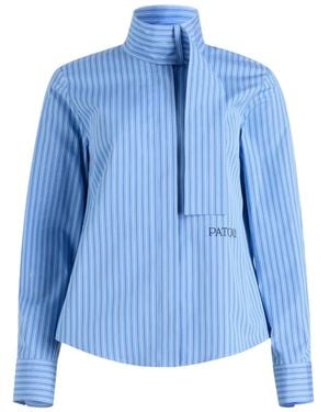 Patou Striped Scarf-Collar Blouse - Blue