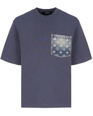 DSquared² D2 Monogram Distressed-Effect Denim-Pocket T-Shirt - Blue