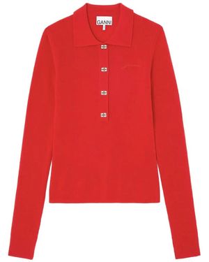 Ganni Logo-Button Long-Sleeve Polo Shirt - Red