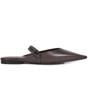 Brunello Cucinelli Beaded-Strap Pointed-Toe Flat Mules - White