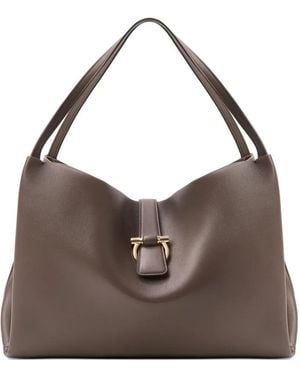 Ferragamo Large Mia Gancini-Plaque Leather Tote Bag - Brown