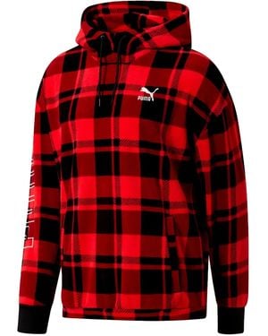 PUMA Check-Pattern Drawstring Hoodie - Red