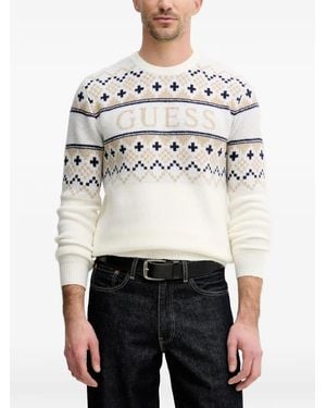 Guess Patterned Crew-Neck Jumper - White