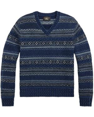RRL Fairisle V-Neck Jumper - Blue