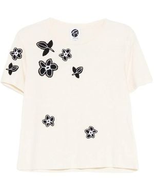 YANYAN KNITS Floral-Appliqué T-Shirt - Natural