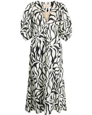 Cala De La Cruz Botanical-Print Button-Up V-Neck Dress - White