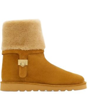Ferragamo Fur-Lined Pull-On Boots With Hug Buckle - Brown