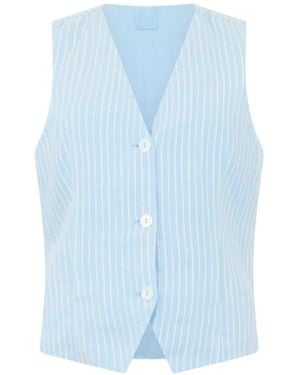 120% Lino Striped Button-Down Vest - Blue