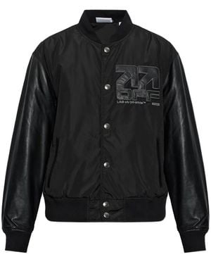 LAB C.O. OFF WHITE Leather-Sleeve Logo-Patch Bomber Jacket - Black