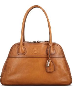 Miu Miu Logo-Embossed Leather Tote Bag in Brown | Lyst UK