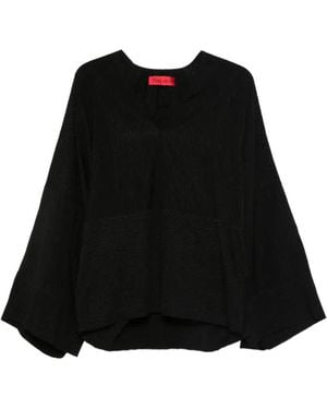 Thelatest Wide Sleeve V-Neck Blouse - Black
