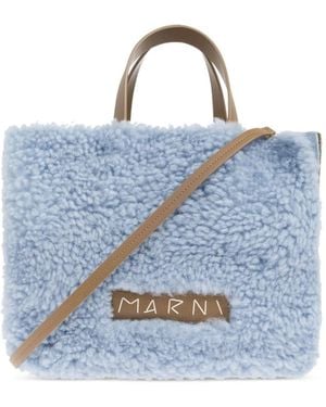 Marni Shearling-Tote Bag mit Lederbesatz - Blau