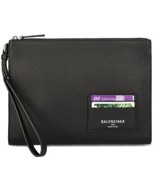 Balenciaga Zip Wrist-Strap Leather Pouch Bag - Black