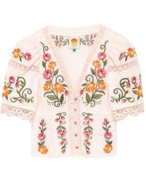 FARM Rio Flower Embroidered Puff-Sleeve Blouse - Pink