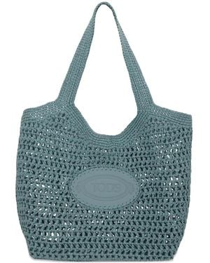 Tod's Logo-Patch Crochet-Knit Tote Bag - Blue
