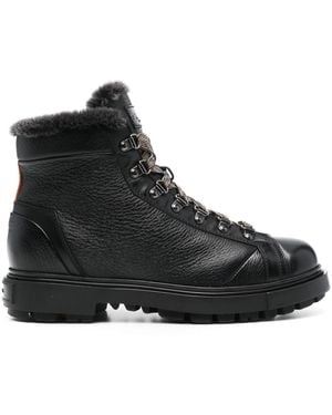 Santoni Leather Lace-Up Shearling Ankle Boots - Black