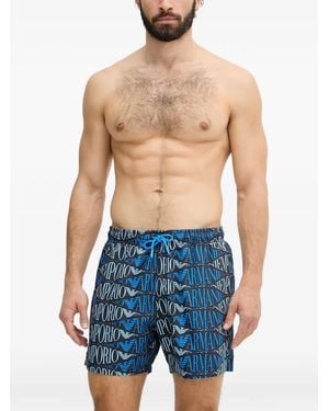 Emporio Armani Swim Shorts With All-Over Logo - Blue