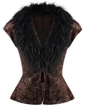 Gemy Maalouf Sequined Feather-Trim Top - Black