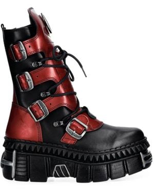 New Rock Buckle-Fastening Platform Boots - Red