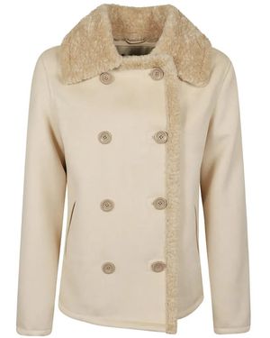 Herno Double-Breasted Shearling-Trim Jacket - Natural