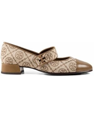 Tory Burch T Monogram Leather-Trim Ballet Flats - Natural