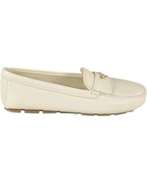 Prada Leather Logo-Plaque Loafers - Natural