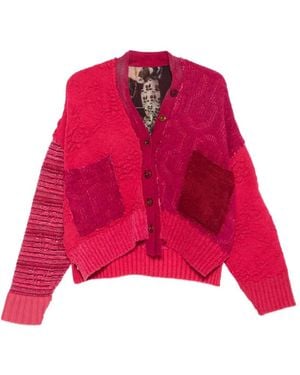 ESSENSI Iris Patchwork V-Neck Cardigan - Red