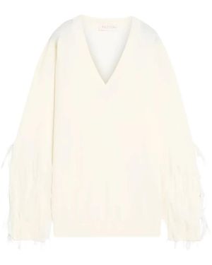 Valentino Garavani Feather-Trimmed V-Neck Blouse - White
