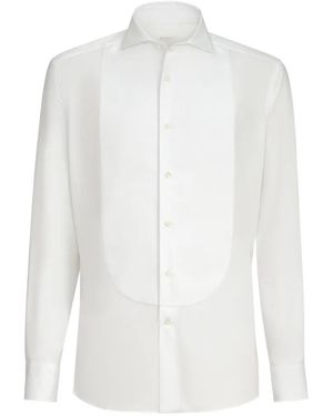 Brunello Cucinelli Sea Island Cotton Twill Basic Fit Shirt With Point Collar And Pleated Bib And Cuffs - White