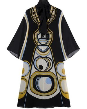 La DoubleJ Geometric-Print Pussy-Bow Midi Dress - Black