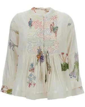 Injiri Floral-Print Embroidered Shirt - White