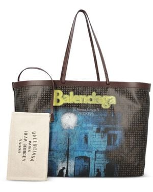 Balenciaga Logo-Print Leather-Trim Tote Bag - Blue