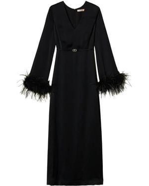 Twinset Feather-Detail Satin-Finish Maxi Dress - Black