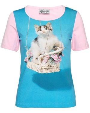 Ashley Williams T-Shirt À Empiècement À Imprimé Chat - Blue