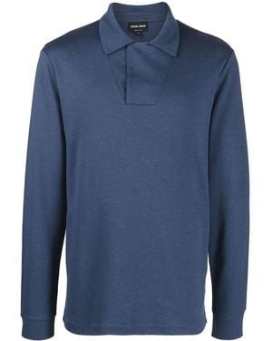 Giorgio Armani Long-Sleeve Cotton-Blend Polo Shirt - Blue