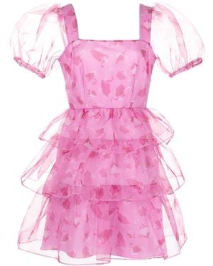 HVN Heart-Print Tiered Mini Dress - Pink