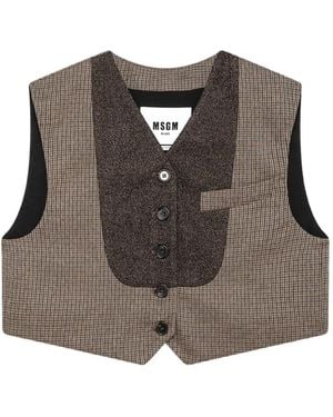 MSGM Check-Pattern Cropped Waistcoat - Brown
