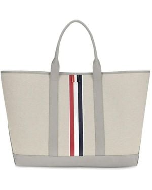 Thom Browne Stripe Leather Handles Tote - White