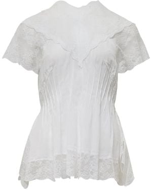 Pushbutton Darted Lace-Trim Top - White