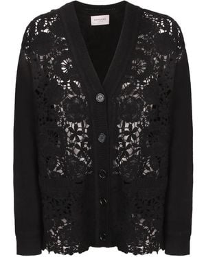 ERMANNO FIRENZE Floral-Embroidered Lace-Panel Cardigan - Black
