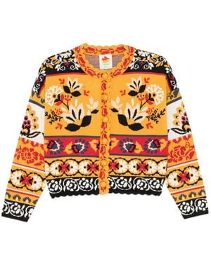 FARM Rio Floral-Intarsia Scalloped-Trim Cardigan - Orange