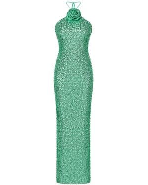 ROSERRY Sequin-Embellished Floral-Appliqué Dress - Green