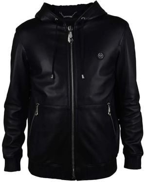 Philipp Plein Hooded Logo Leather Jacket - Blue
